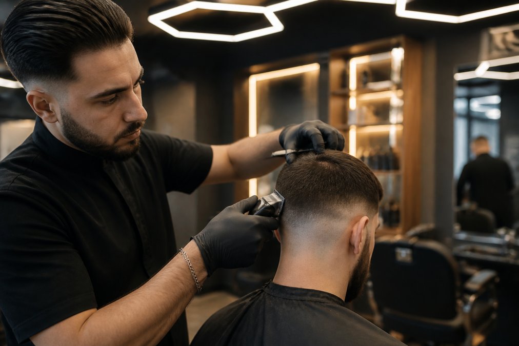 Barbier professionnel exécutant un dégradé précis avec tondeuse et ciseaux, montrant la technique de finition des contours sur les côtés et l'arrière du crâne, dans un salon moderne avec éclairage hexagonal