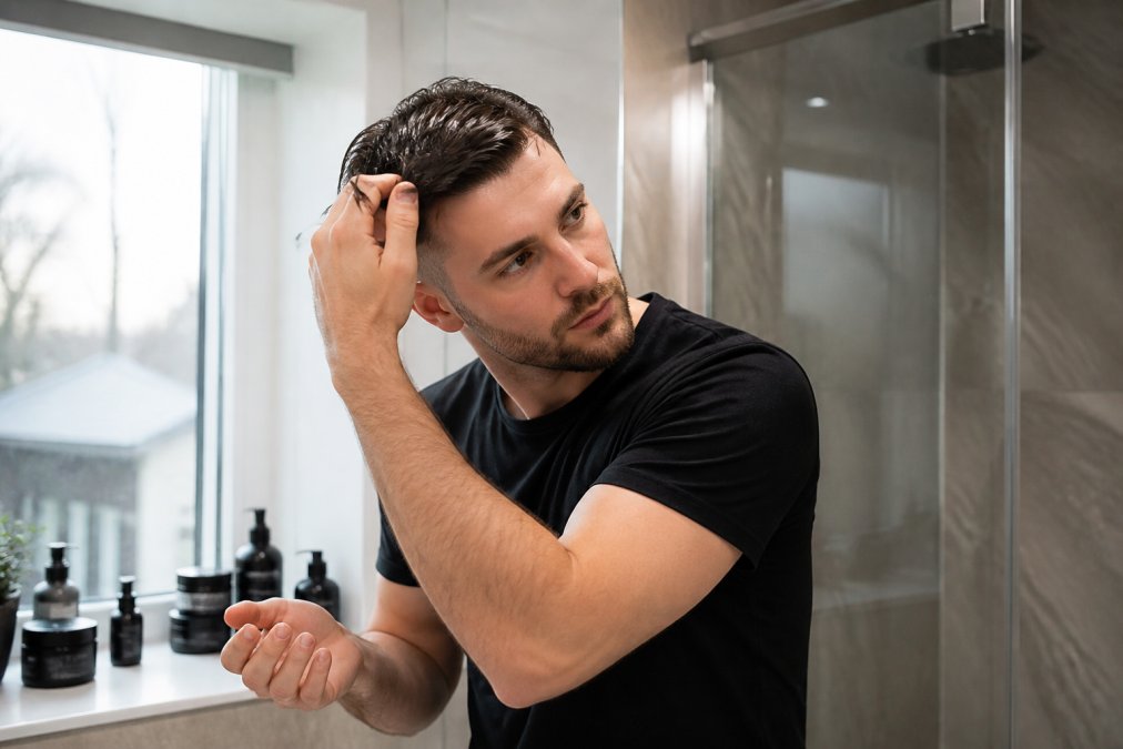 Homme appliquant du produit coiffant sur cheveux humides après shampooing, démontrant l'entretien quotidien d'un dégradé bien entretenu, dans une salle de bain moderne avec éclairage naturel