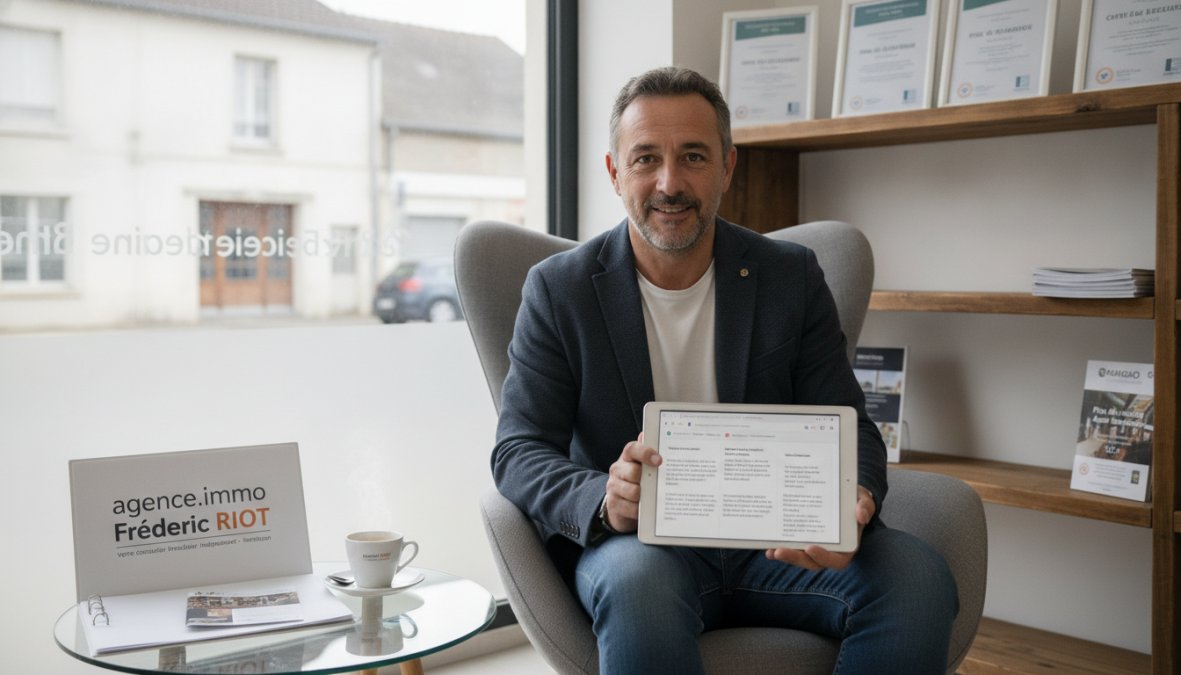 Client satisfait consultant des avis positifs sur une tablette dans un bureau immobilier moderne avec lumière naturelle