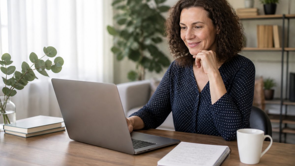 Une coach indépendante assise à un bureau lumineux, consultant son ordinateur portable où s'affiche un tableau de bord client, avec un carnet de notes et une tasse de café à côté
