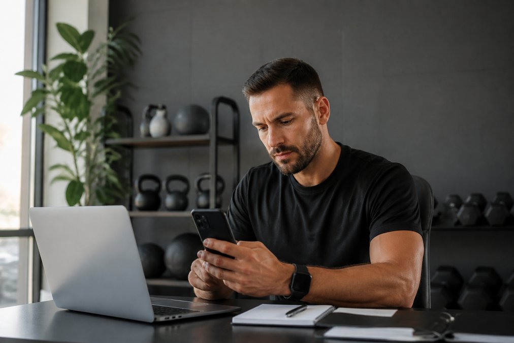 Coach sportif consultant son téléphone et son ordinateur portable dans un bureau moderne, avec des graphiques de suivi client visibles en arrière-plan