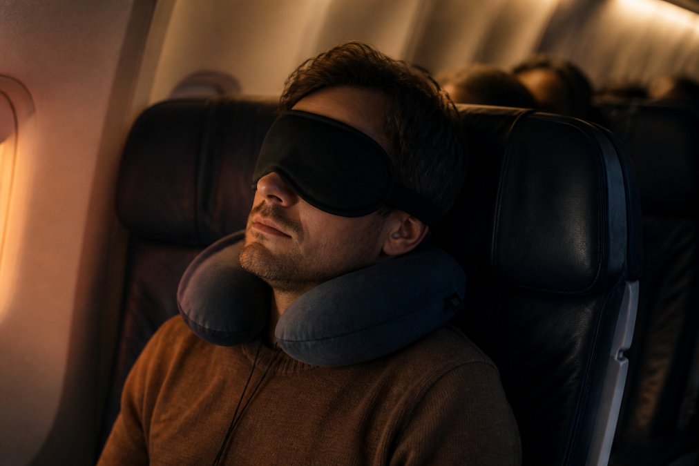 Voyageur assis dans un siège d'avion, portant un masque de sommeil 3D noir, la tête légèrement inclinée contre l'appuie-tête, lumière tamisée de la cabine en arrière-plan