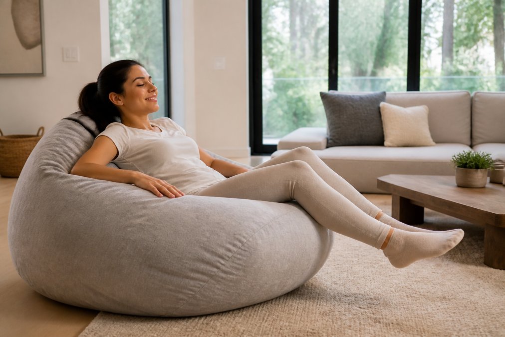 Personne assise confortablement sur un pouf géant dans un salon moderne, montrant une posture détendue avec le dos bien soutenu et les jambes allongées, lumière naturelle du jour