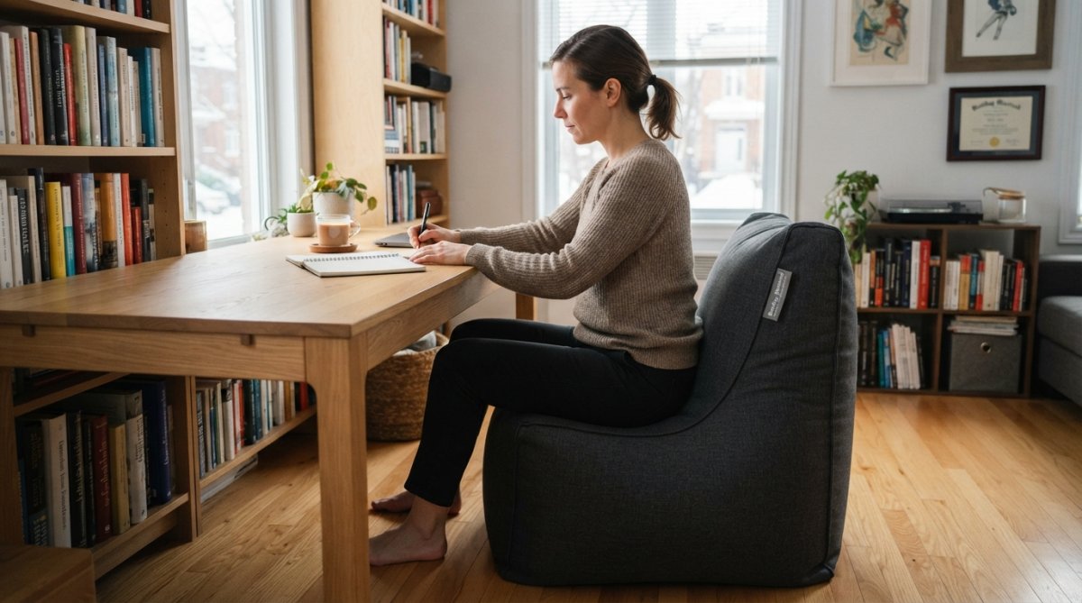 Personne assise confortablement sur un pouf ergonomique montrant un alignement correct du bassin et de la colonne vertébrale, avec une posture naturelle et détendue dans un environnement de bureau moderne