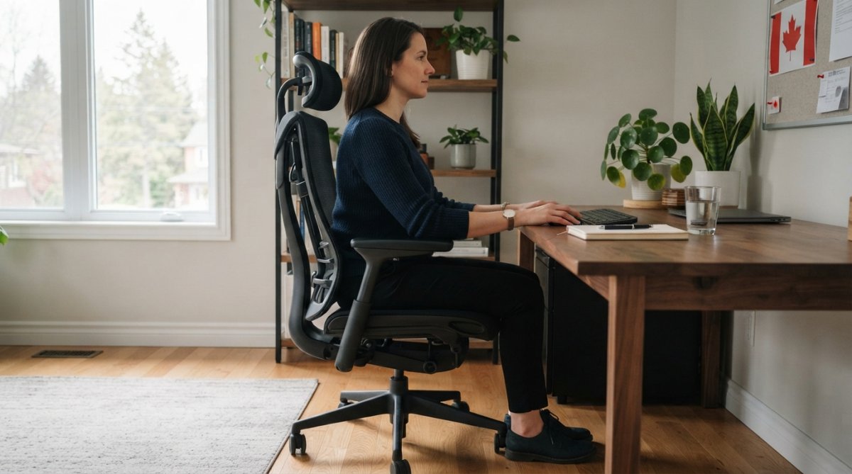 Personne assise correctement sur une chaise ergonomique de bureau, montrant la posture idéale avec le dos soutenu, les pieds au sol, et les bras à angle droit