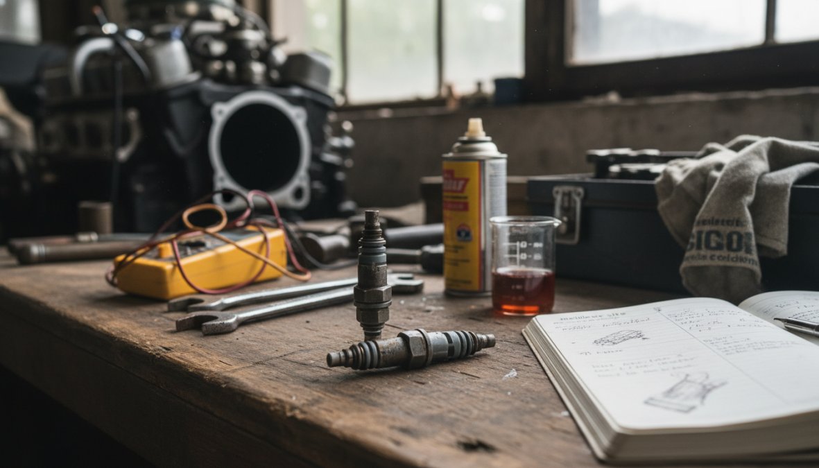 Gros plan des mains d'un mécanicien tenant un injecteur diesel encrassé retiré d'un moteur de voiture de collection, avec des outils posés sur un établi et un compartiment moteur ancien visible en arrière-plan, éclairage d'atelier