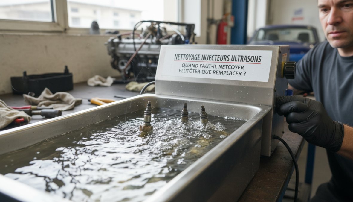 Série d'injecteurs carburant immergés dans un bain de nettoyage ultrasonique dans un atelier, bulles visibles autour des composants métalliques, technicien en bleu de travail observant le processus sous un éclairage fluorescent