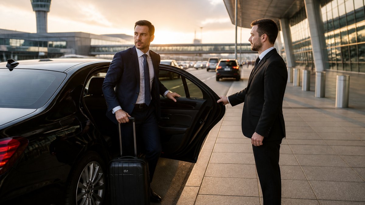 Voyageur d'affaires sortant d'une berline pour son transport aéroport avec l'aide d'un chauffeur privé.