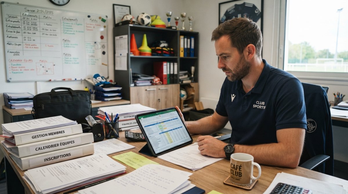 Un responsable de club sportif consultant une plateforme de gestion sur tablette, entouré de documents administratifs et une tasse de café sur un bureau moderne
