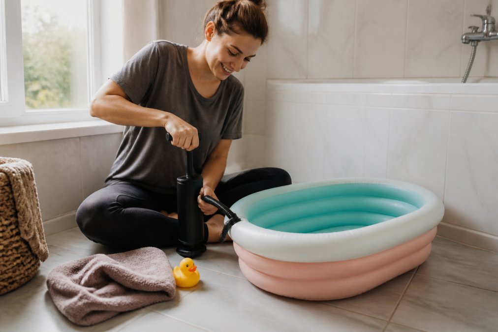 Parent assis par terre dans une salle de bain carrelée, gonflant une petite baignoire bébé colorée avec une pompe à main, serviette et canard en caoutchouc posés à côté, lumière naturelle du matin