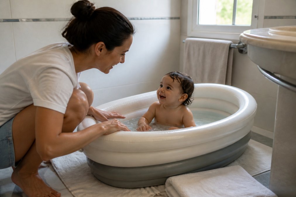 Baignoire gonflable installée dans une salle de bain lumineuse, la meilleure baignoire bébé pour voyager en vacances.