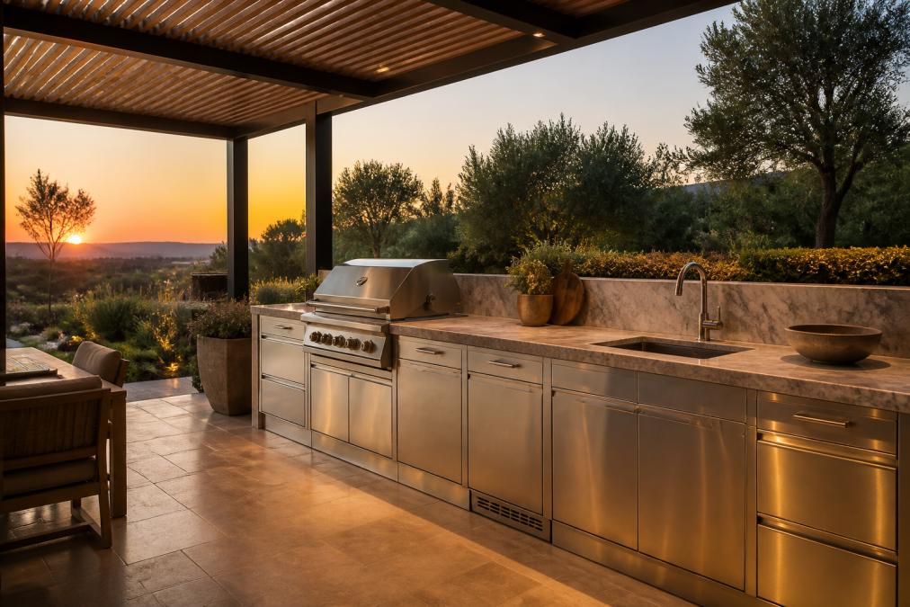 Cuisine d'été haut de gamme en inox brossé avec plan de travail en pierre naturelle, barbecue encastrable et évier, installée sous une pergola couverte dans un jardin paysager élégant au coucher du soleil