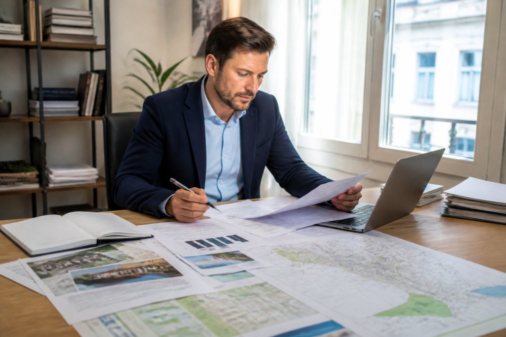Professionnel immobilier consultant des données sur un ordinateur portable, entouré de documents et de plans cadastraux, analysant des graphiques de prix et des transactions récentes pour déterminer une valeur vénale précise dans un bureau lumineux