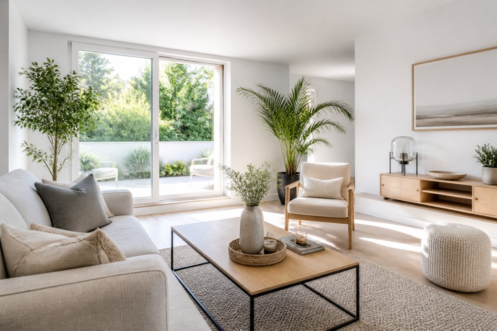 Salon lumineux et accueillant avec mobilier moderne épuré, plantes vertes bien entretenues, décoration neutre et minimaliste, grandes fenêtres laissant passer la lumière naturelle, créant une atmosphère spacieuse et invitante pour les visiteurs potentiels