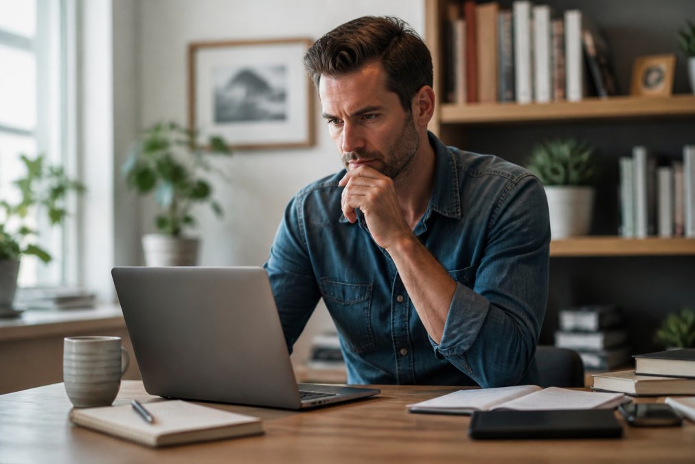 Coach indépendant travaillant à son bureau, consultant un tableau de bord numérique affichant les métriques de progression des clients et les statistiques de suivi, environnement de bureau professionnel bien éclairé avec ordinateur portable