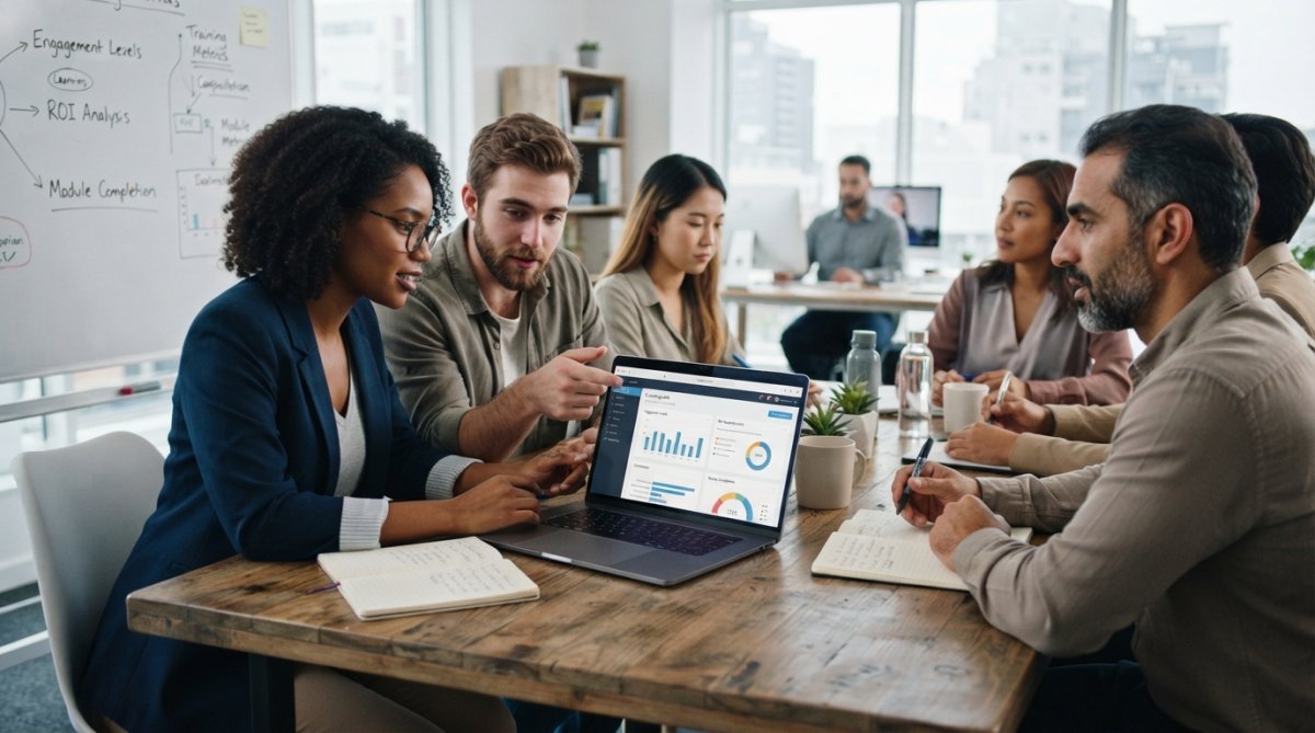 Diverse team of professionals collaborating in a modern office, some seated at desks with laptops, others in a video conference on a large screen, representing synchronous and asynchronous learning happening simultaneously