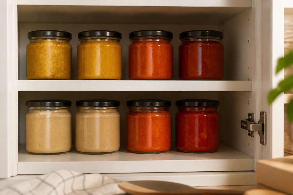 Rangement de plusieurs pots de condiments artisanaux dans un placard de cuisine bien organisé, montrant différentes couleurs et textures de pâtes, lumière douce