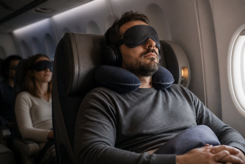 Passager dans un avion utilisant un masque de sommeil 3D et un casque anti-bruit, lumière tamisée, cabine long-courrier, ambiance calme et confortable