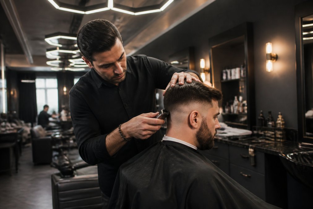 Barber professionnel exécutant un dégradé précis sur un client en fauteuil de luxe dans un salon moderne avec éclairage hexagonal distinctif, montrant la concentration et la technique professionnelle