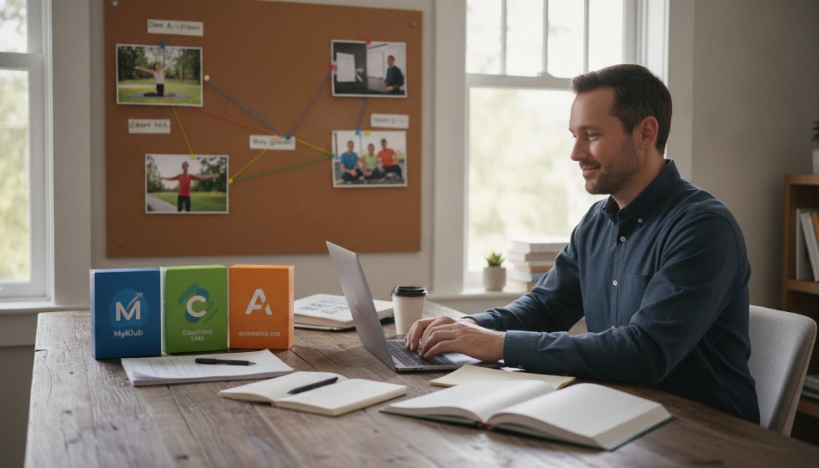 Coach professionnel travaillant sur un ordinateur pour des alternatives myklub gestion coaching lors d'une séance hybride