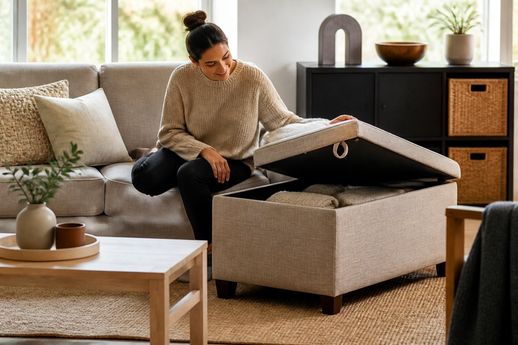 Un salon compact montrant un ottoman avec rangement intégré sous un coussin, avec une personne assise confortablement, des livres et objets de décoration autour, lumière naturelle