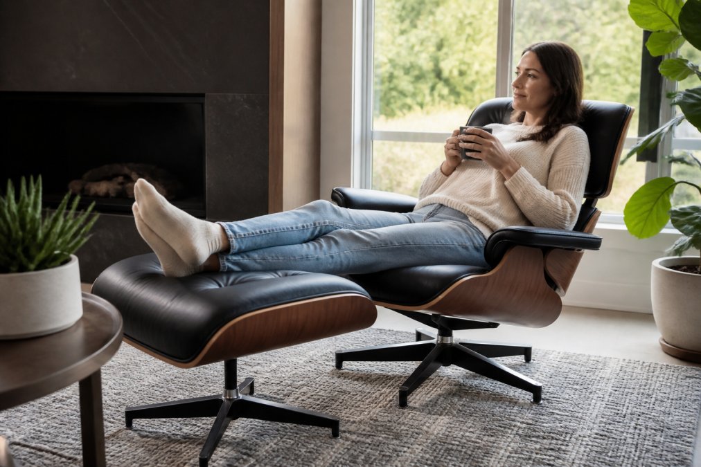 Une personne relaxant dans un fauteuil avec un repose-pieds en cuir noir, les pieds surélevés, dans un salon moderne et bien éclairé, posture détendue