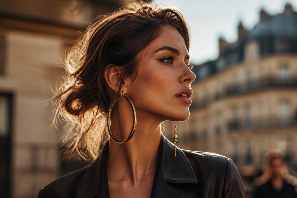 Femme élégante portant des créoles dorées XXL et une boucle asymétrique dans un décor urbain ensoleillé