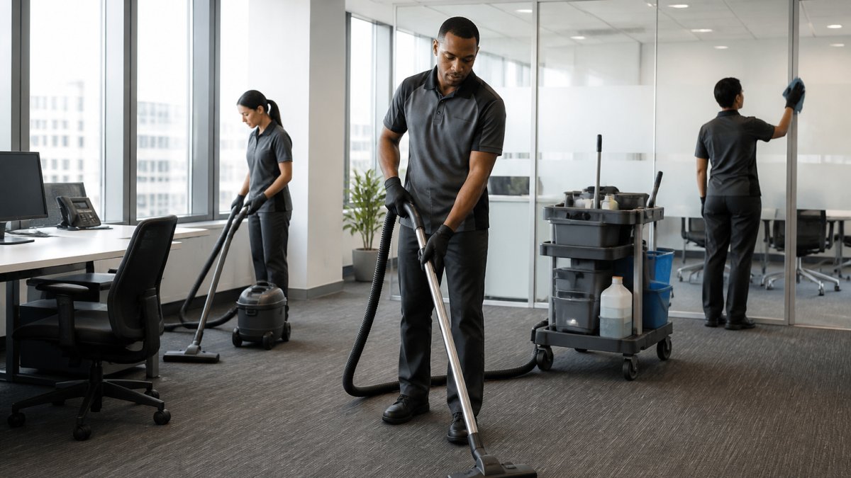 Professional cleaning team in uniforms working in modern commercial office environment with visible professional equipment, clean and well-organized workspace with natural lighting