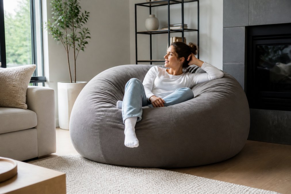Personne assise confortablement sur un pouf géant dans un salon moderne aux tons neutres, avec lumière naturelle provenant d'une fenêtre, montrant la taille généreuse du meuble et l'ergonomie du produit dans un environnement résidentiel