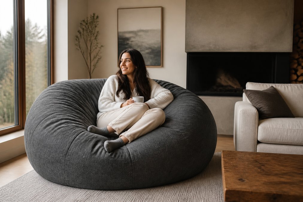 Personne assise confortablement sur un pouf géant dans un salon moderne aux tons neutres, avec lumière naturelle provenant d'une fenêtre, montrant la taille généreuse du meuble et l'ergonomie du produit dans un environnement résidentiel