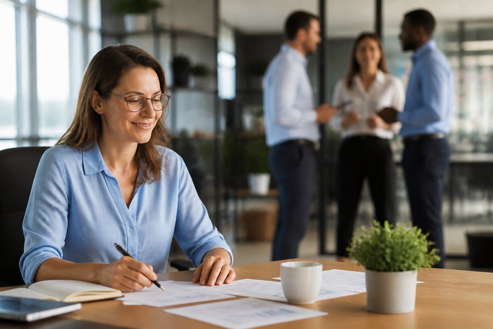 Responsable RH en PME examinant des données de développement des compétences sur un écran d'ordinateur, avec des collègues en arrière-plan discutant dans un environnement de bureau moderne et lumineux