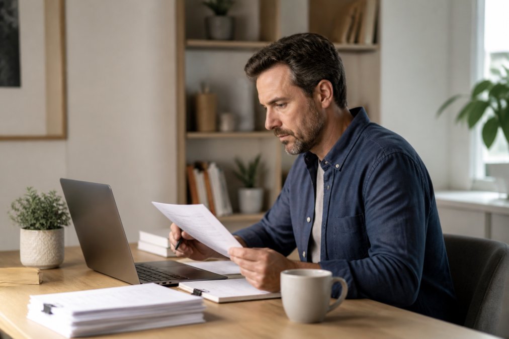 Coach professionnel travaillant à un bureau, examinant des matériaux de cours et la progression des apprenants sur l'écran d'un ordinateur portable, avec des notes et une tasse de café à proximité dans un bureau à domicile professionnel bien éclairé