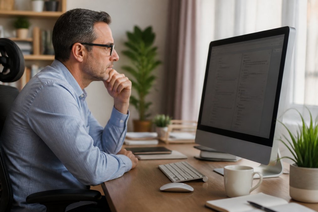 Professionnel examinant les flux de travail automatisés et les notifications sur un moniteur d'ordinateur, montrant un tableau de bord et l'automatisation des emails en action