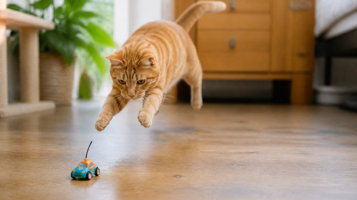 Un chat orange jouant avec une petite voiture jouet sur un plancher de bois, captant le moment où l'animal bondit après le jouet