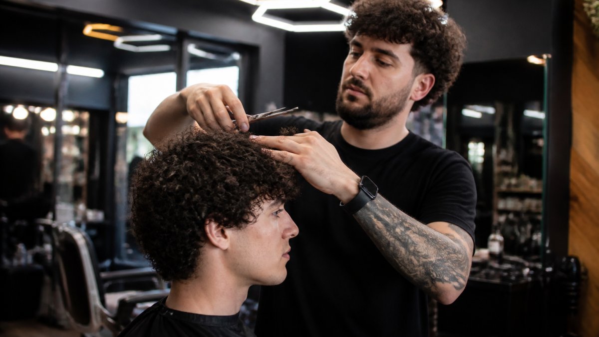 Un barbier travaillant avec précision sur la coupe de cheveux bouclés d'un client, utilisant des ciseaux professionnels et sectionnant chaque partie avec attention, dans un environnement moderne avec éclairage hexagonal distinctif