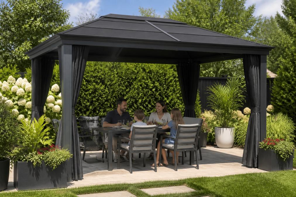 Family gathered around a patio table under a charcoal grey hardtop gazebo in a sunny garden, with comfortable chairs and plant decor