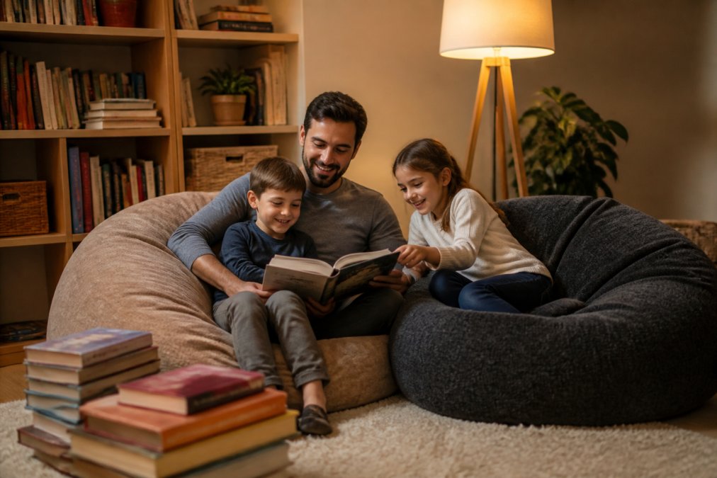 Une famille de trois personnes (parent et deux enfants) confortablement installée dans un coin lecture avec des poufs ergonomiques, une lampe douce, des livres empilés, et une atmosphère chaleureuse et accueillante