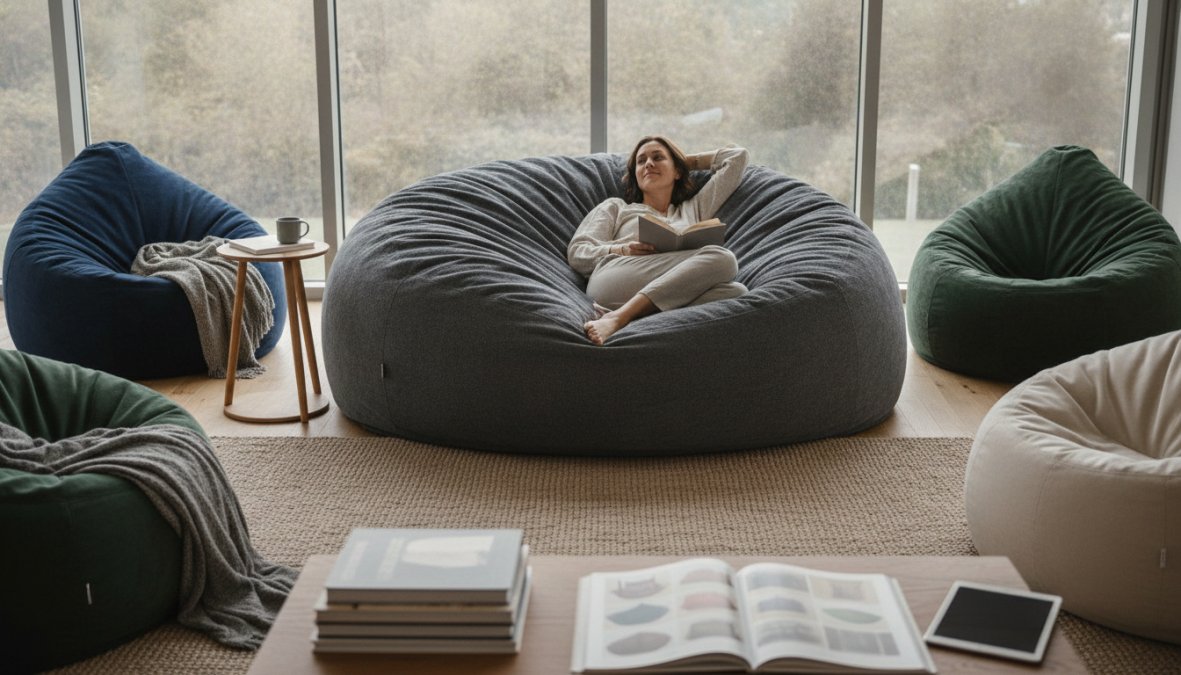 Un adulte confortablement installé sur l'un des meilleurs poufs géants pour adultes 2026 dans un salon au design moderne.