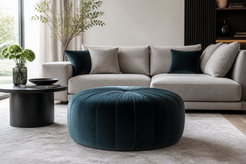 Salon moderne avec un pouf velours taupe placé devant un canapé gris clair, coussins blancs en arrière-plan, lumière naturelle douce par les fenêtres, parquet en bois clair