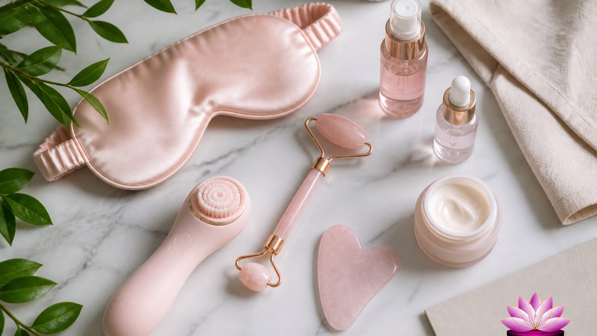 Accessoires de soin et produits de bien-être naturels disposés sur un élégant fond de marbre clair.