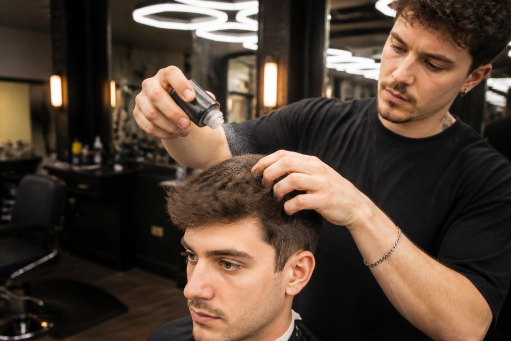 Professional barber demonstrating proper application of texturizing powder to fine hair at the roots, working product through with fingers to create texture and lift, modern barbershop lighting
