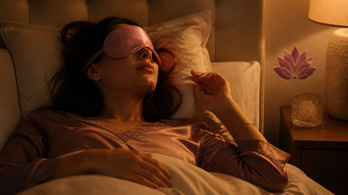 Une femme détendue dans une chambre tamisée, masque de sommeil effet soie posé sur les yeux, lumière douce de lampe de chevet, ambiance calme et apaisante avant le coucher