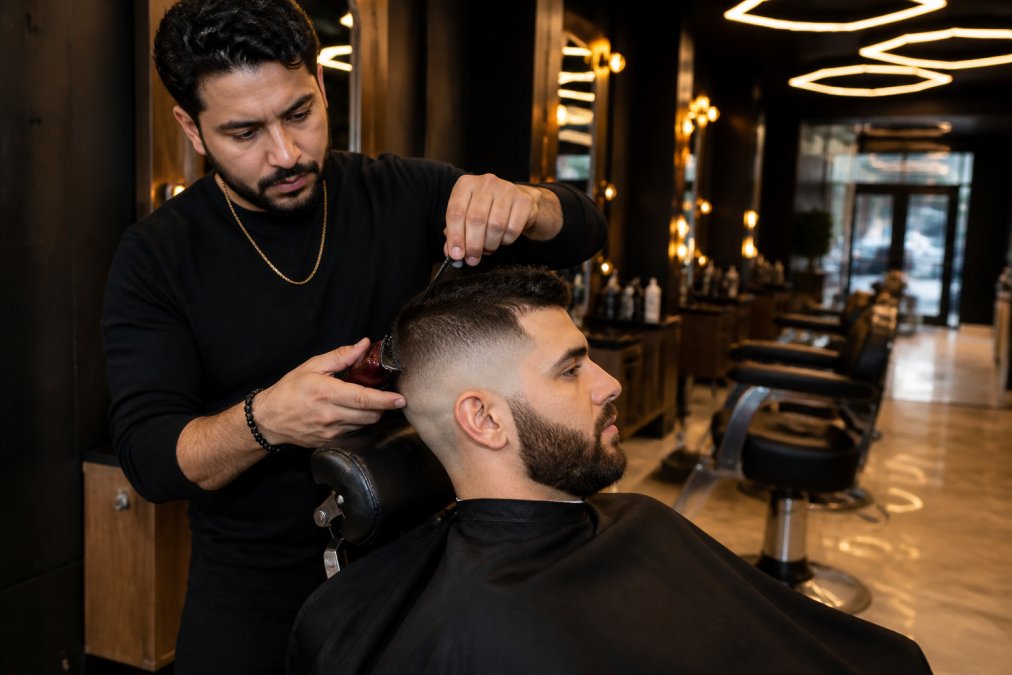 Barbier réalisant un dégradé précis dans l'un des meilleurs salons de coiffure Mont-Royal au décor luxueux.