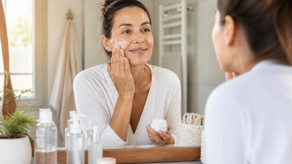 Femme souriante d'environ 35 ans, peau naturelle et lumineuse, appliquant une crème hydratante sur son visage devant un miroir de salle de bain, produits de soin simples posés sur le comptoir, lumière douce du matin