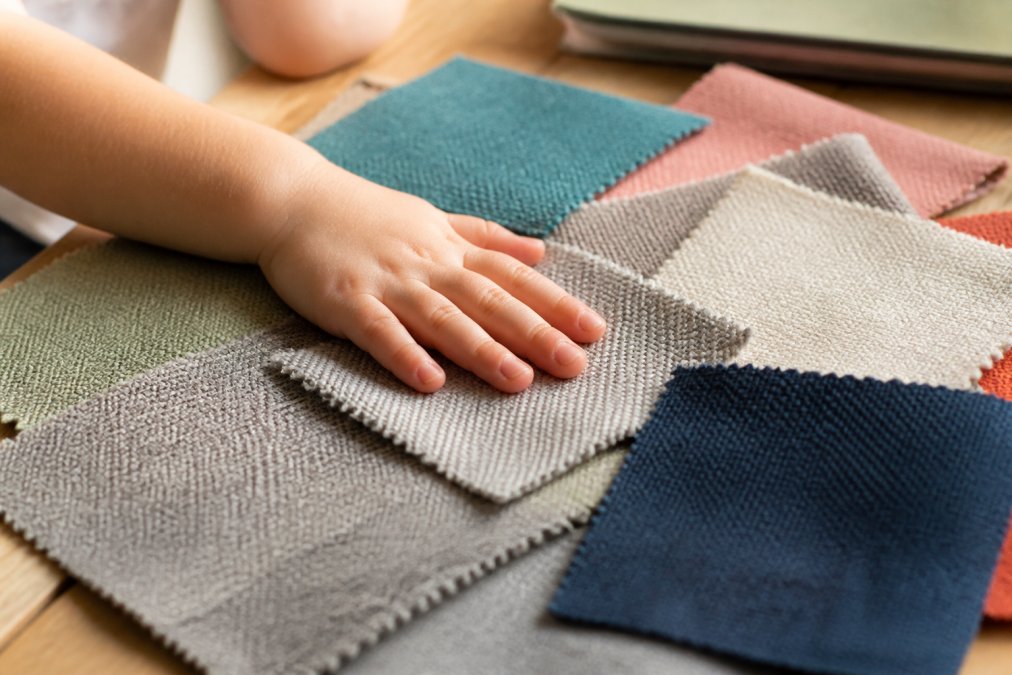 Gros plan d'une main d'enfant touchant différents échantillons de tissu (polyester, coton, mélange synthétique) étalés sur une table, montrant les variations de texture et de qualité