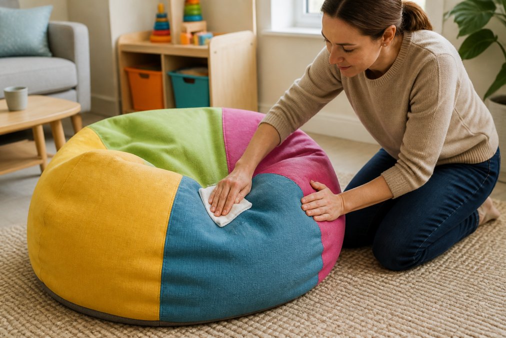 Parent nettoyant un pouf coloré pour enfants avec un chiffon humide, enlevant une tache, démontrant l'entretien facile dans un salon lumineux