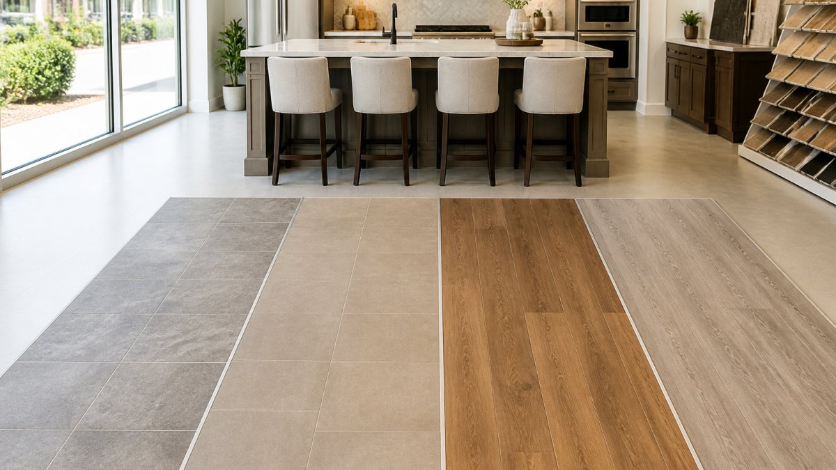 Muestras de materiales para elegir el mejor piso para remodelar cocina 2026: porcelanato, cerámica, vinilo y laminado.