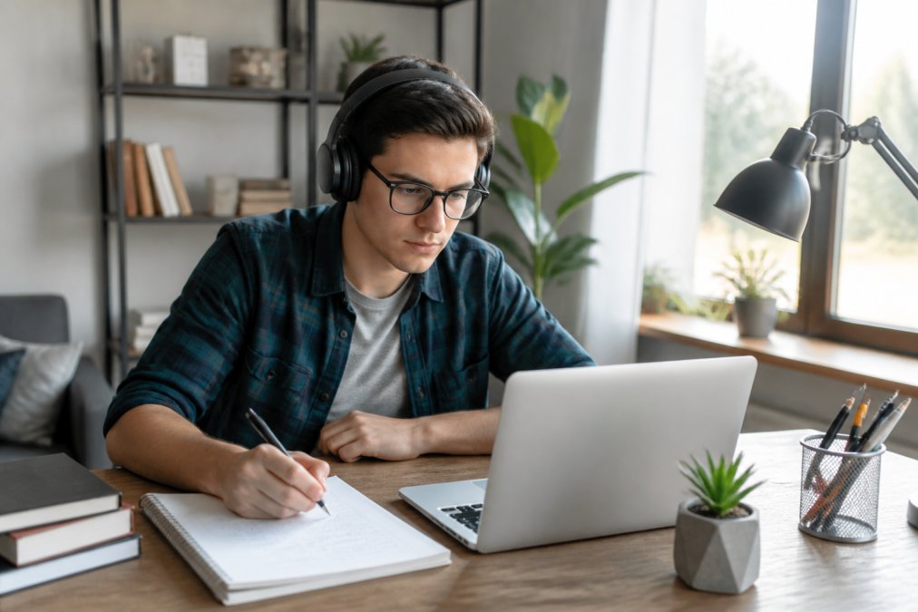Persona joven estudiando programación en un portátil en un escritorio ordenado con auriculares y cuaderno de notas abierto, ambiente de estudio en casa con luz natural entrando por la ventana