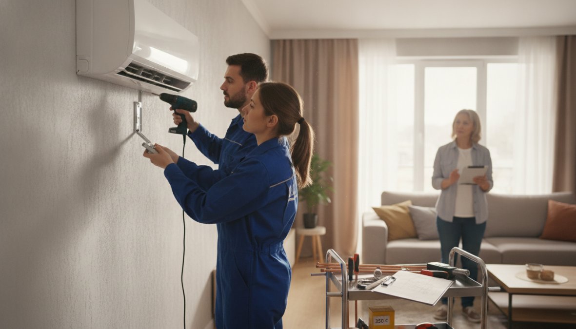 Técnico especializado instalando unidad de aire acondicionado split en pared de vivienda moderna, mostrando profesionalismo y precisión en la instalación con herramientas especializadas