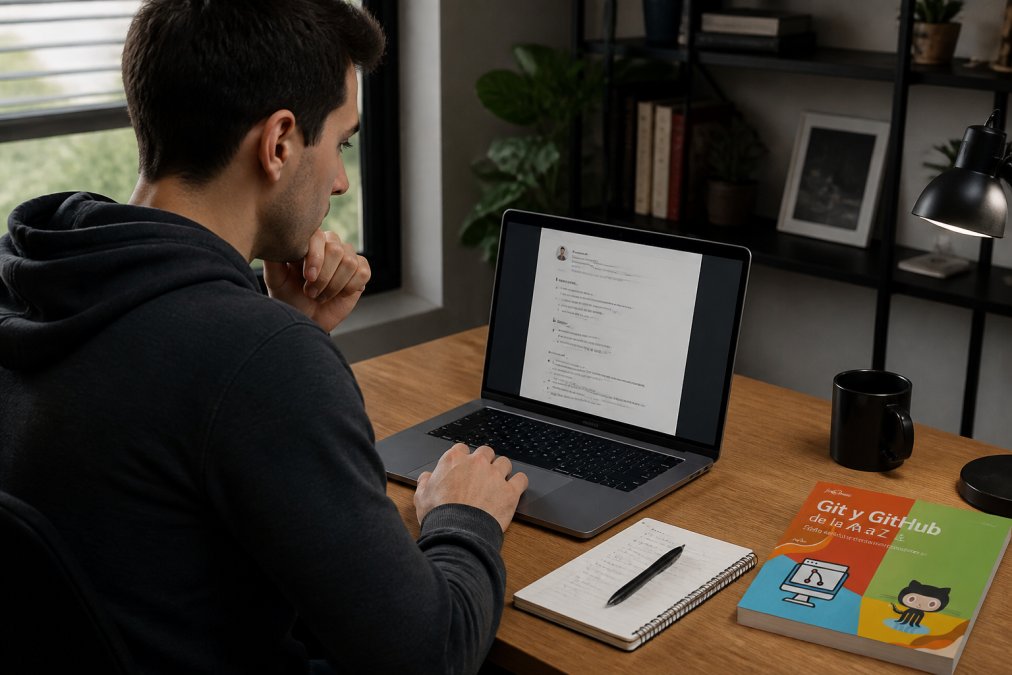 Profesional joven frente a un ordenador portátil en un escritorio moderno, revisando su CV en pantalla con notas y referencias de código visible en el fondo